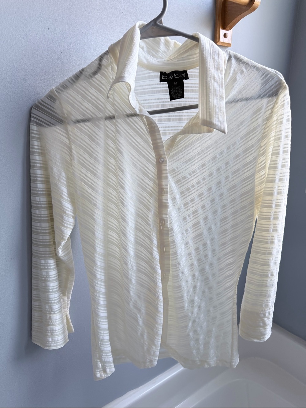 bebe Cream Sheer Striped Button-Up Blouse
